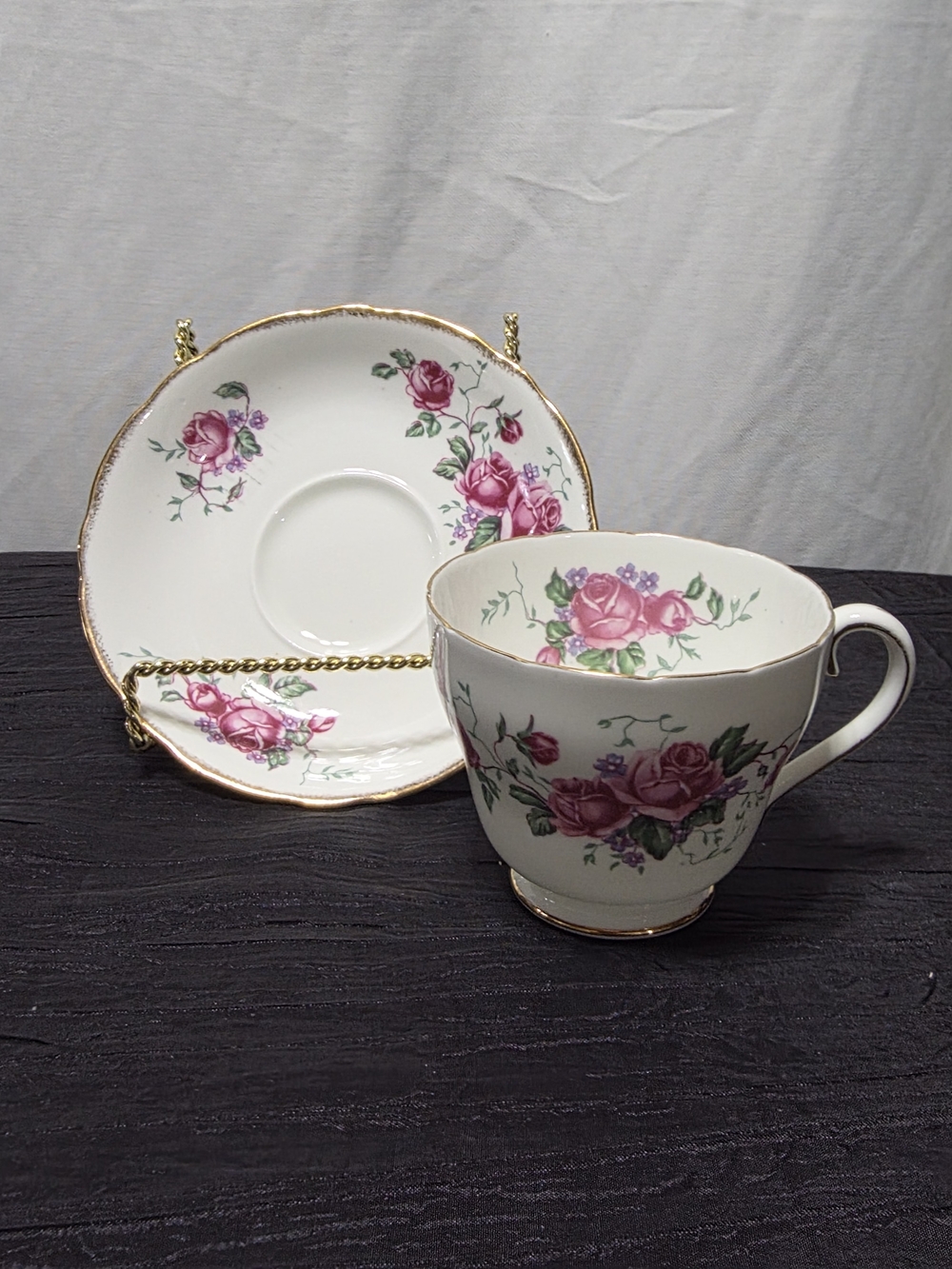 Vintage Adderley Fine Bone China Tea Cup & Saucer Set - Pink Roses & Gold Trim